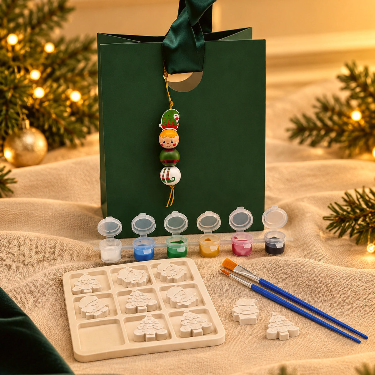 Coffret Natal Encantado da Pura com jogo Três em Linha, tintas, pincéis e saco presente