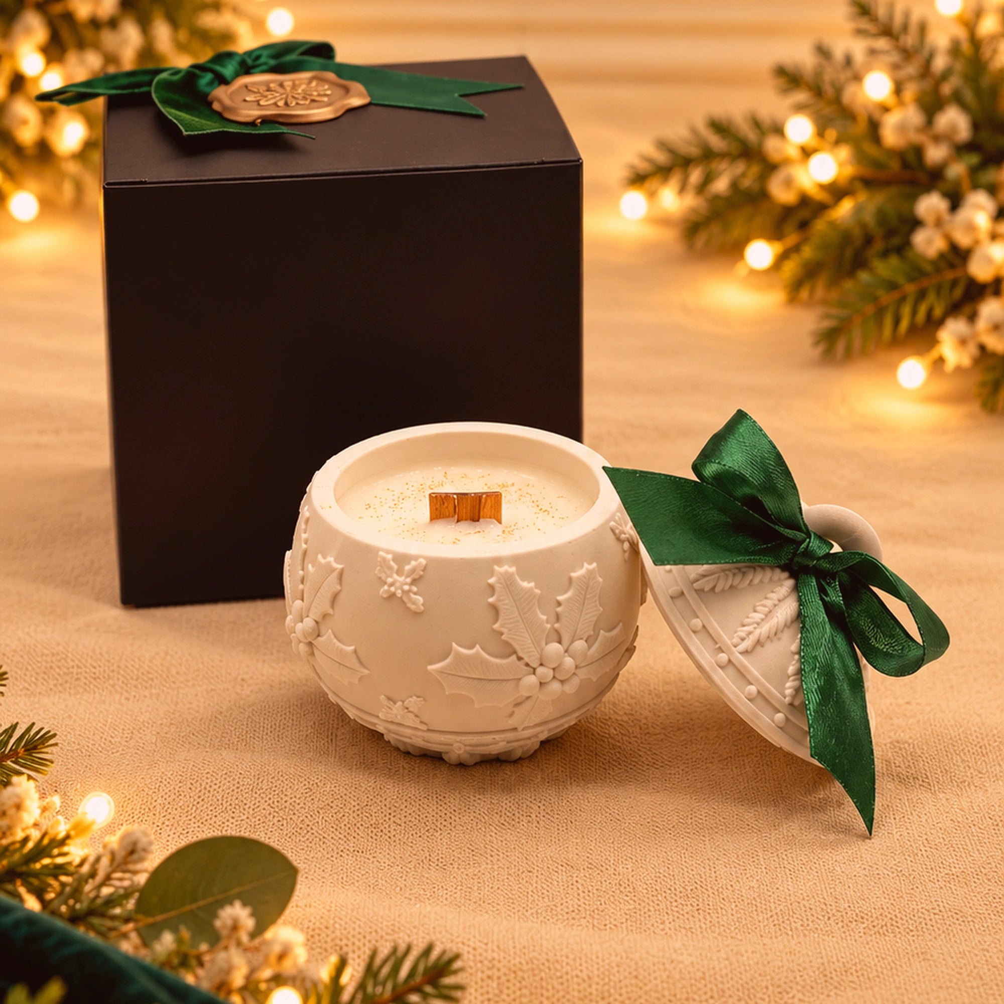 Coffret Bola Natal em Luz com vela aromática em forma de bola de Natal e caixa presente