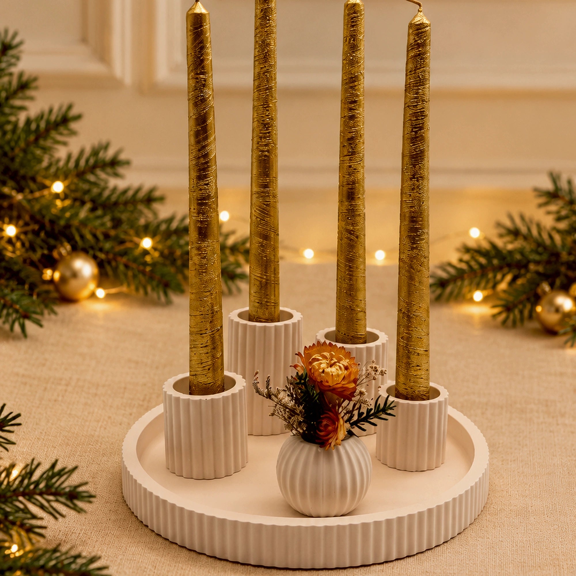 Luzes do Advento da Pura com base, quatro castiçais, mini vaso, flores e velas