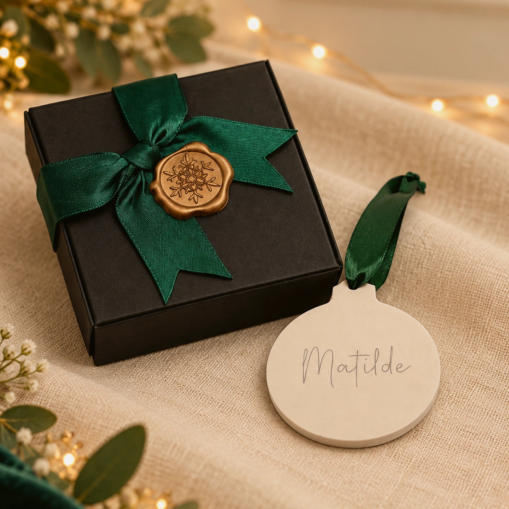 Bola de Natal personalizada com nome e fita verde em caixa presente Pura
