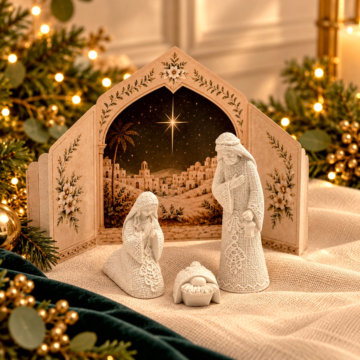 Presépio Estrela de Belém com três figuras e cenário de Belém em ambiente de Natal