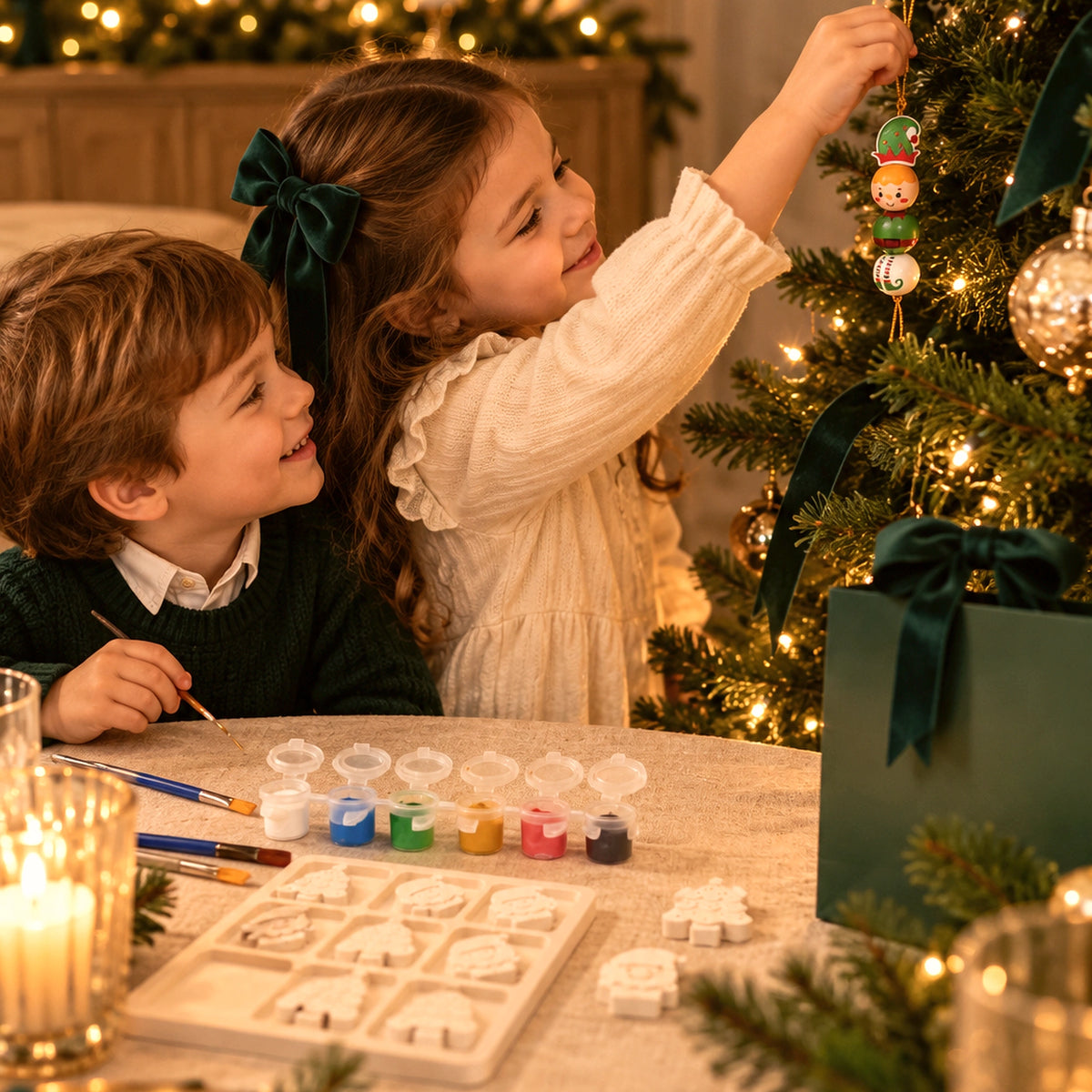 Duas crianças a criar e brincar com o Coffret Natal Encantado