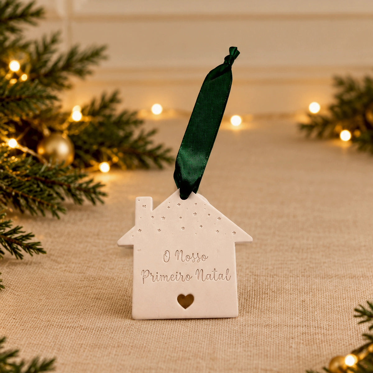 Pendente de Natal Momentos Únicos com fita verde e acabamento delicado