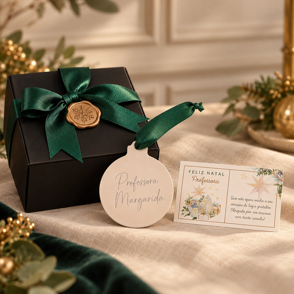 Presente de Natal para professora com bola personalizada, cartão e caixa presente Pura
