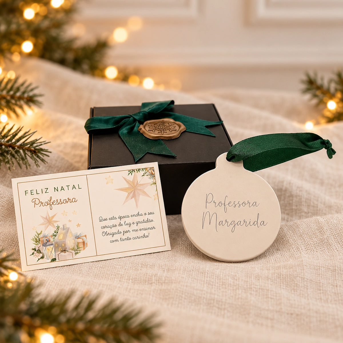 Bola de Natal personalizada para professora com cartão temático em cenário natalício