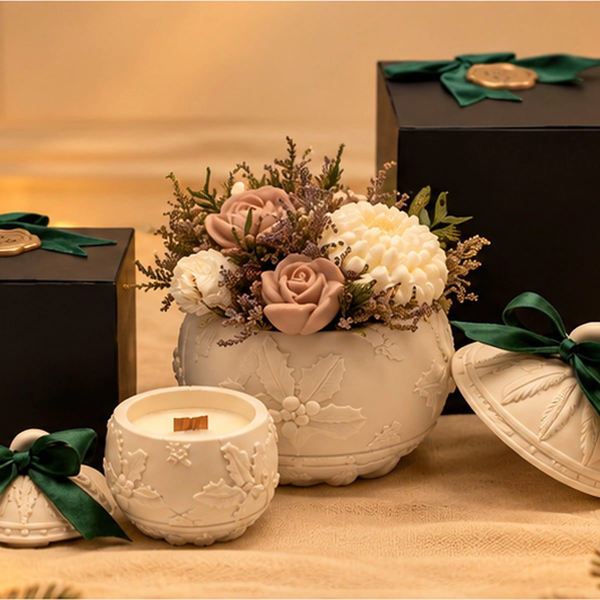 Arranjo Bola em Flor e Bola Natal em Luz juntos com as respetivas caixas presente Pura